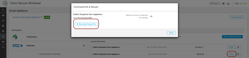 Cisco Secure Workload (Tetration) Virtual Appliance Connector Snapshot Bundle Collect.