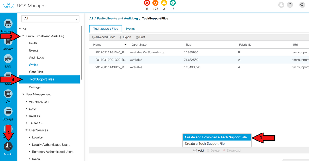 Navegue até TechSupport Files e clique em Create and Download a Tech Support File (Criar e baixar um arquivo de suporte técnico)