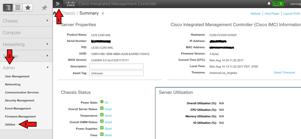 Faça login no CIMC e navegue até Utilitários, em Admin