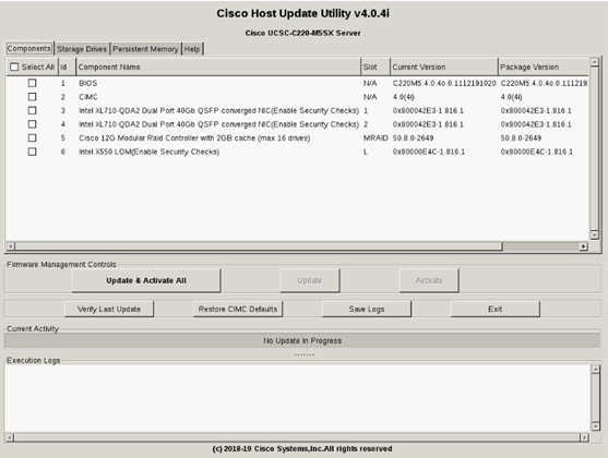 Host Update Utility Screen with a List of Components on which mLOM must be Included