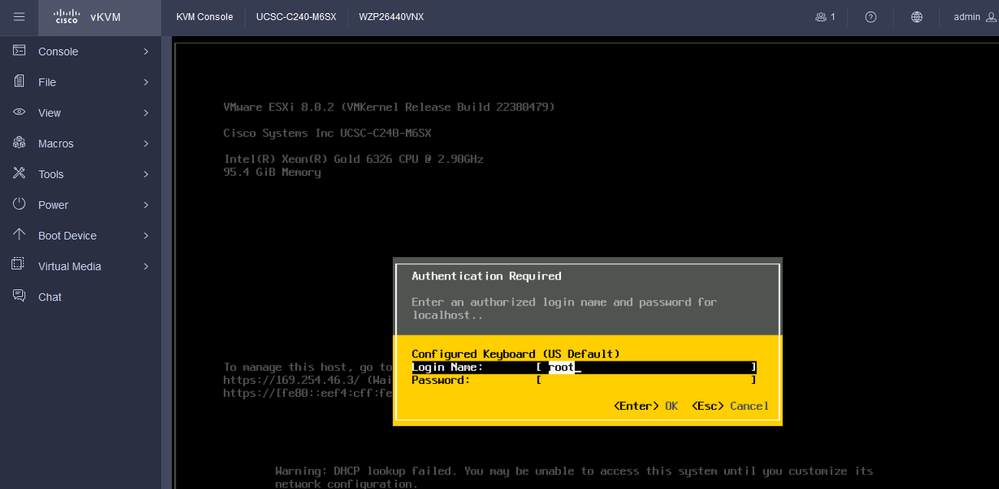 Pantalla de inicio de sesión de ESXi