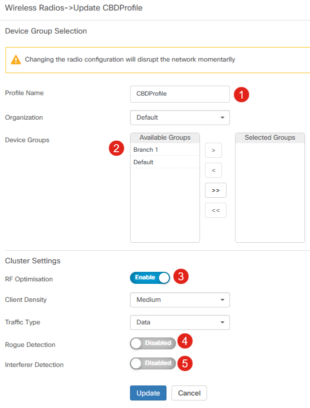 Here, you can create a profile and configure multiple devices in a device group to set the RF Optimization settings, Rogue Detection, and Interferer Detection settings for your CBW APs.