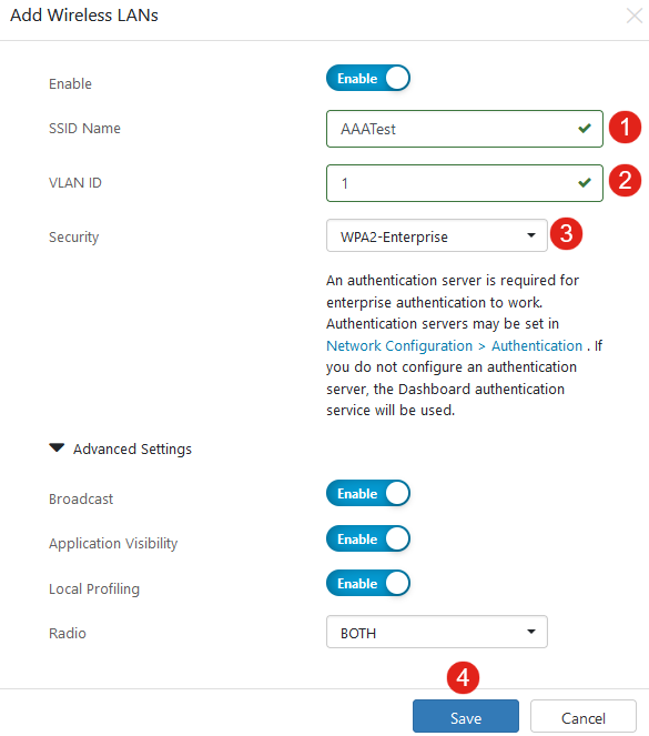 Enter the SSID Name, VLAN ID and select Security from the dropdown menu. In this example, WPA2-Enterprise is selected. Click Save.