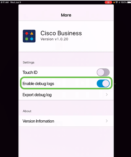 Click the toggle button to Enable debug logs. 