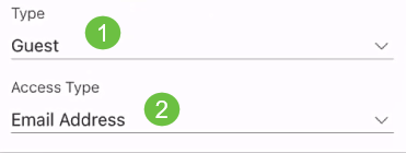 Choose the wireless network Type and Access Type for authentication from the drop-down menu. 