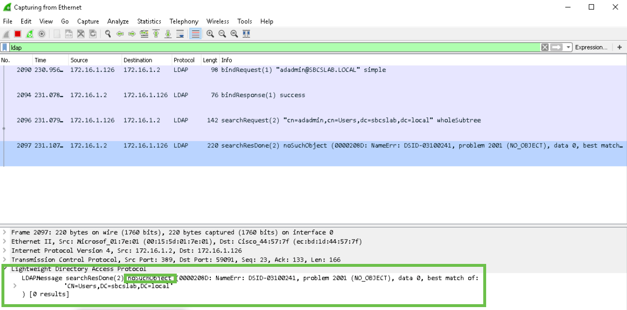 If you try using the User logon name, in this case adadmin, you will see that login fails as Lightweight Directory Access Protocol (LDAP) server cannot return object because Full name, in this case ad admin1, has a space. You will be able to see that details upon capturing the packets as shown on the following screenshot.