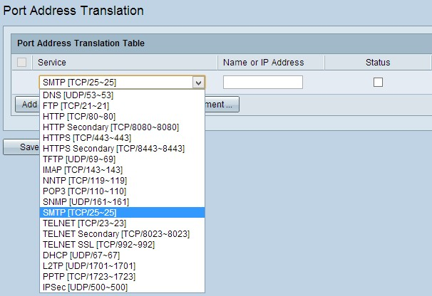 Service drop-down list