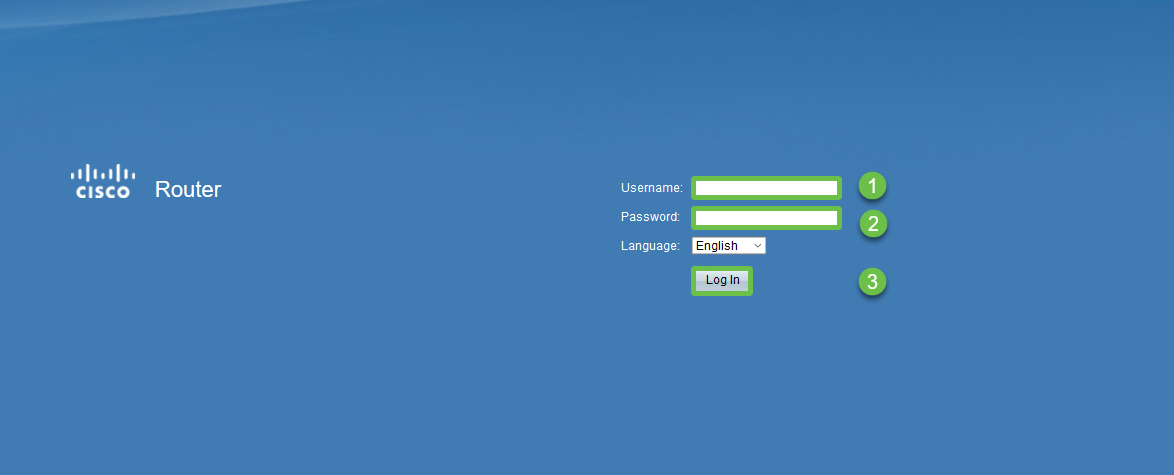 Router Login Page, with Userame, Password and Login highlighted. Numbered steps included to follow the format of which details would be entered. 