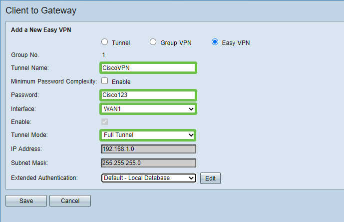 Screen shot depiction with need tabs that need to be configure. Tunnel name, password, interface, and tunnel mode chosen. 