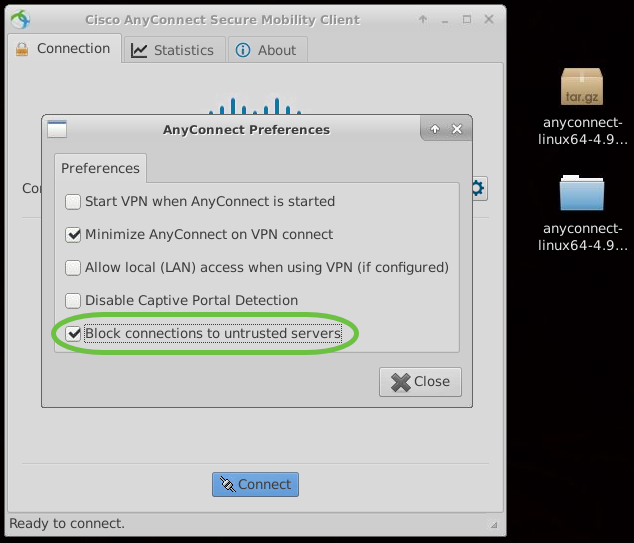 Schakel Block connections to untrusted servers (Verbindingen naar niet-vertrouwde servers blokkeren) uit om verbinding te maken met die servers.