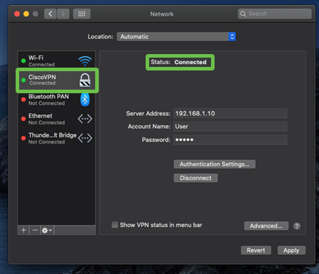 Depicts a screenshot of the connected VPN, both connected status indicators are highlighted. 