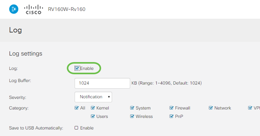 The log page, the settings are displayed after the Enable toggle is clicked