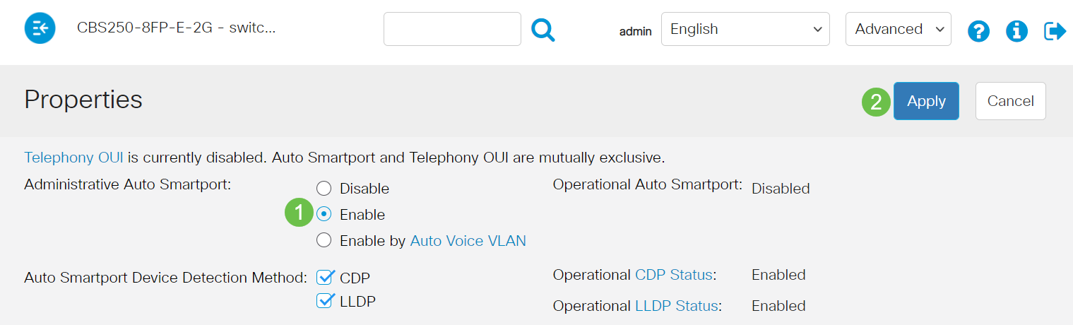 Select Enable or Disable next to Administrative Auto Smartport, to enable or disable the Smartport globally on the switch. Click the Apply button. This will enable or disable the Smartport feature on all interfaces. If you choose to enable the feature, this may affect manual VLAN configurations. 