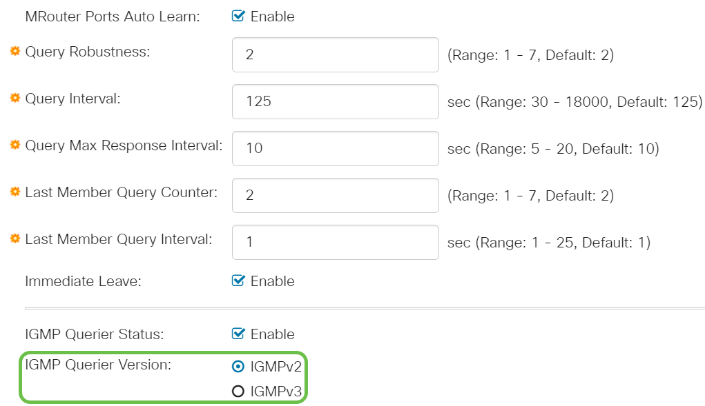 IGMP Querier Version - Select the IGMP version to be used if the device becomes the elected querier. Select IGMPv3 if there are switches and/or Multicast routers in the VLAN that perform source-specific IP Multicast forwarding. Otherwise, select IGMPv2.