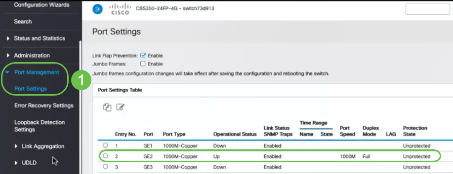 First, we navigate to Port Management > Port Settings and verify the PC is connected on switch port 2 (GE2) and the Operational Status of the port is showing Up.