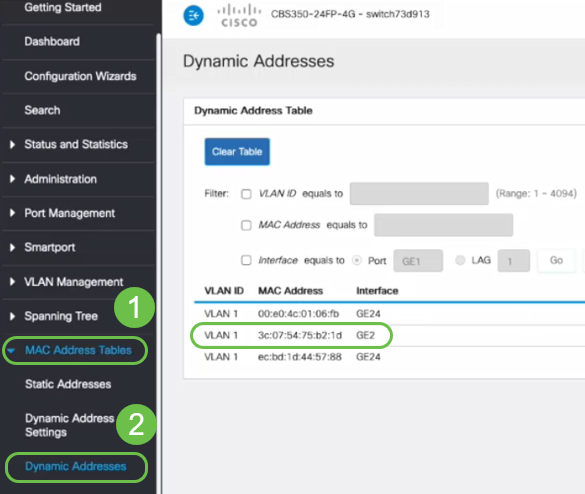 Next, we navigate to MAC Address Tables > Dynamic Addresses and verify the MAC address of the PC associated to switch port 2 (GE2).