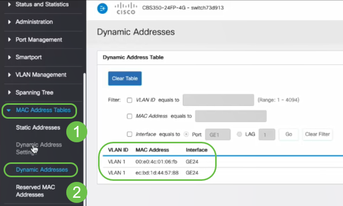 We navigate to MAC Address Tables > Dynamic Addresses. The PC (MAC address 3c:07:54:75:b2:1d) is connected to the GE4 interface. Even though the GE4 interface Operational Status is Up, the PC will be not able to get a Dynamic Host Configuration Protocol (DHCP) IP address. 