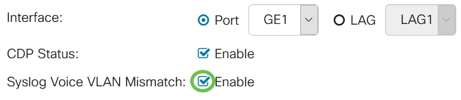 In the Syslog Voice VLAN Mismatch field, check the Enable checkbox to send a syslog message when a voice VLAN mismatch is detected on the port specified. 