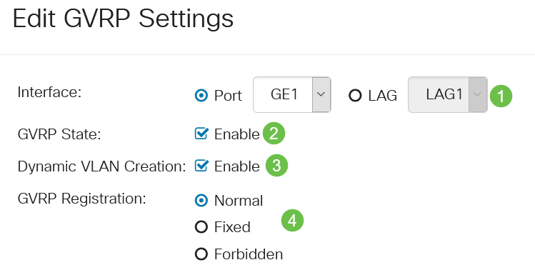 Configure interface, GVRP State, Dynamic VLAN Creation, GVRP Registration.