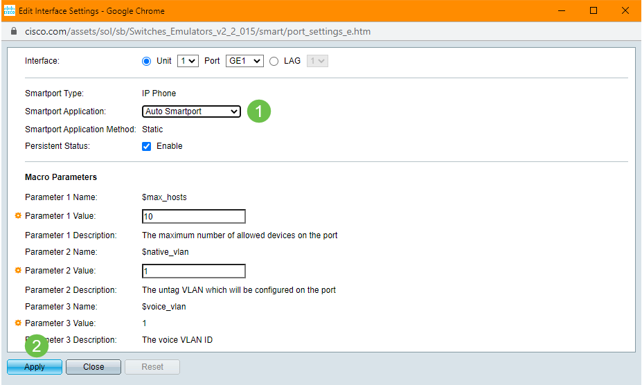 Choose Auto Smartport on that interface if you are unaware of what type of device may be connected and that port will not be part of a VLAN. 