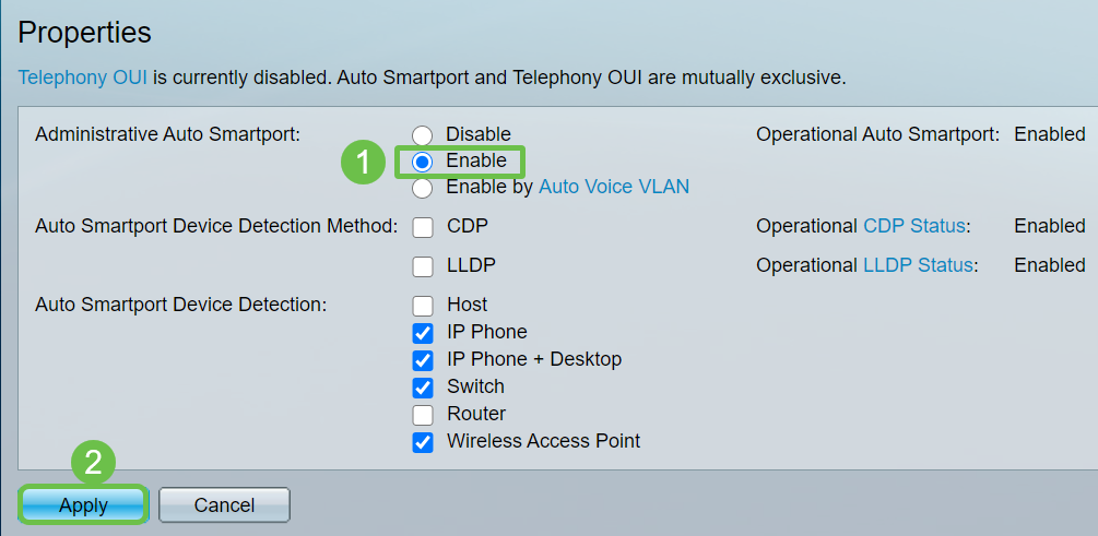 Select Enable or Disable next to Administrative Auto Smartport, to enable or disable the Smartport globally on the switch. Click the Apply button. 