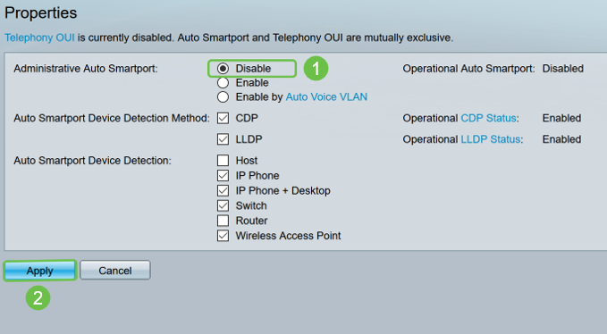 Select Disable next to Administrative Auto Smartport, to disable the Smartport globally on the switch. Click Apply. This will disable the Smartport on all interfaces but will not affect manual VLAN configurations. 