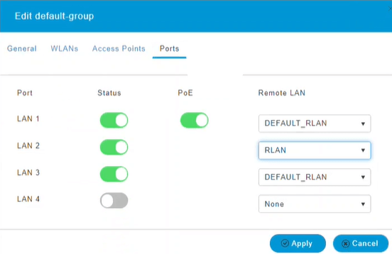 Under the Ports tab, you can assign the Ports on the AP to specific Remote LANs. 