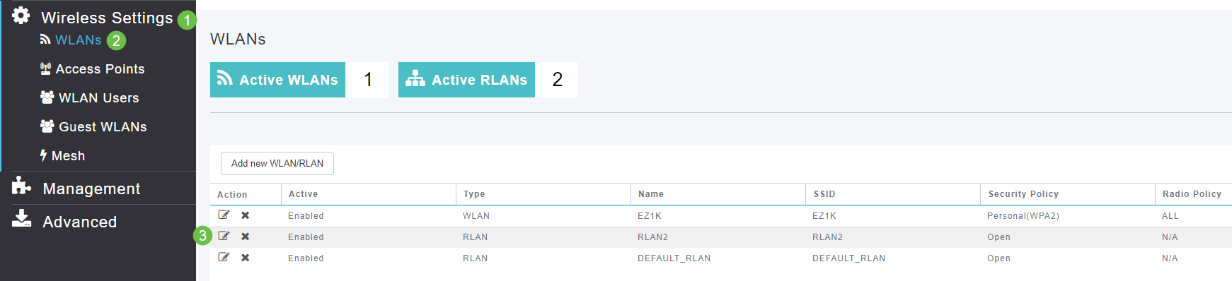 Select Wireless Settings > WLANs. Click on the edit icon. 