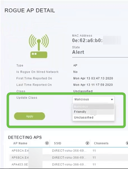 If you want to classify any of the APs as Friendly or Malicious, you can select either option from the drop-down menu under Update Class.