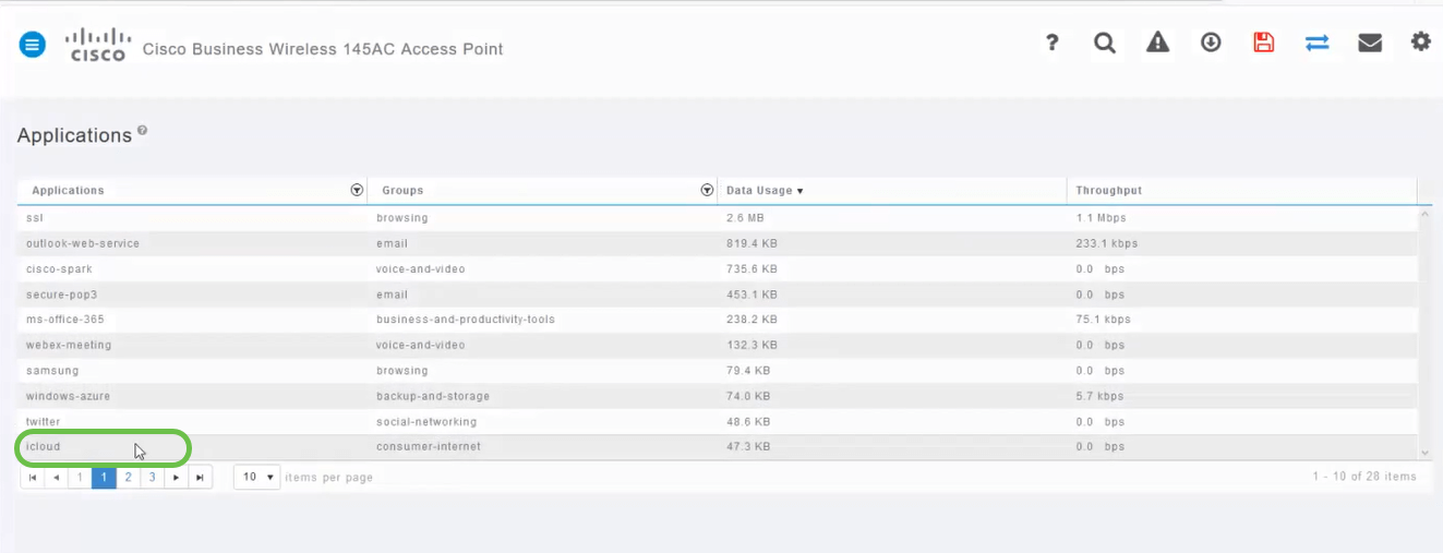 The Applications page. Select from the list to manage its bandwidth.