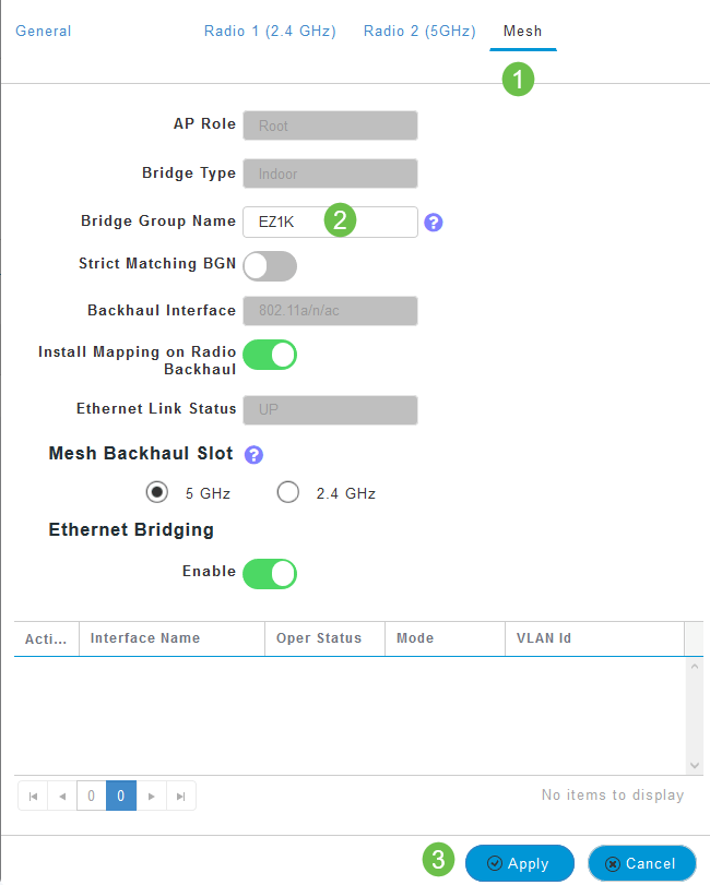 Click the Mesh tab. Here you can view and change the Bridge Group Name. The name is limited to 10 characters or less. If you make changes, be sure you click Apply.