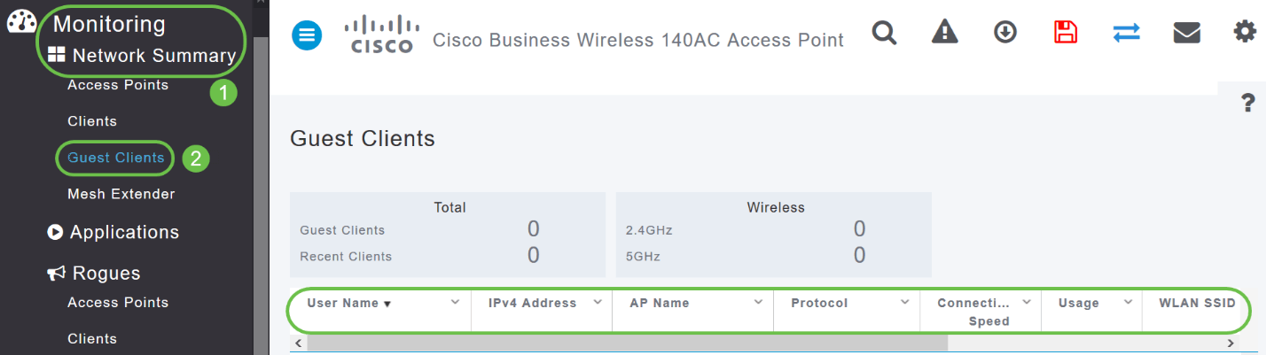 On the Web UI, navigate to Monitoring > Network Summary > Guest Clients. 