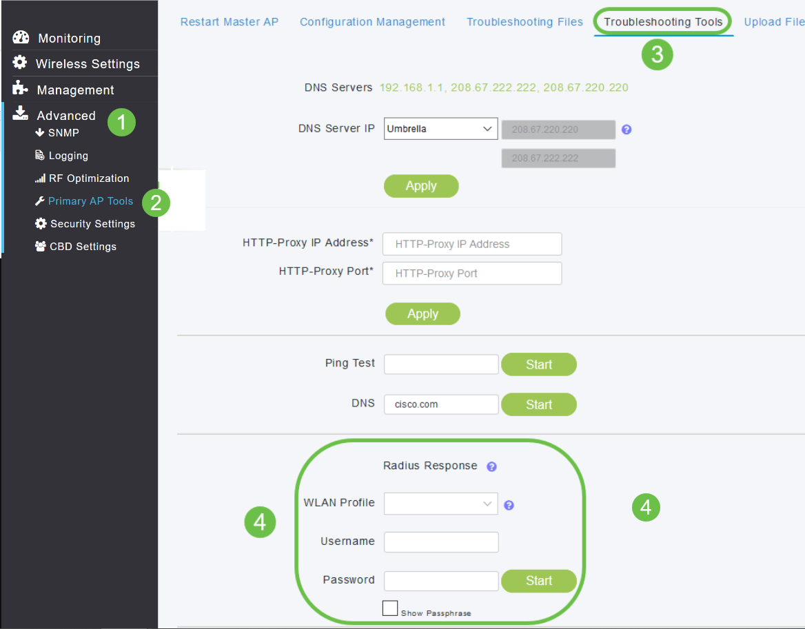 On the Web UI, navigate to On the Web UI, navigate to Advanced > SNMP > Primary AP Tools > Troubleshooting Tools > Radius Response.