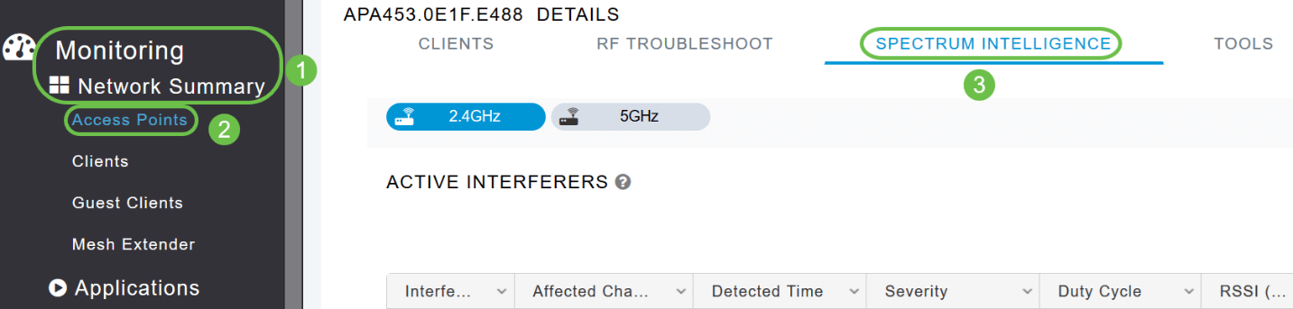 On the Web UI, navigate to Monitoring > Network Summary > Access Points > Spectrum Intelligence. 