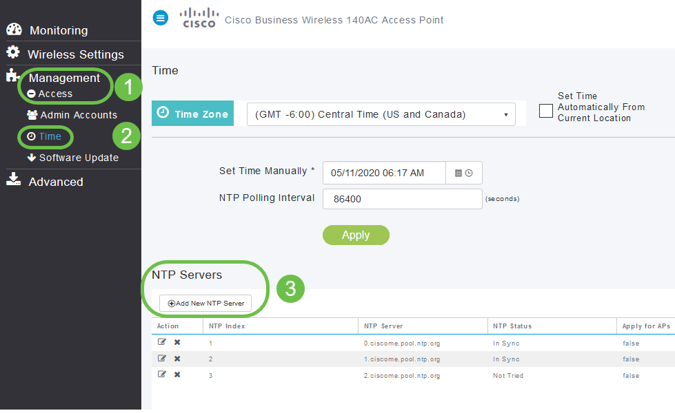 On the Web UI, navigate to Management > Access > Time > NTP Servers.