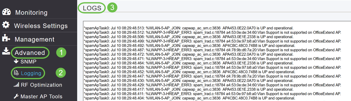 Check system logs for these conditions by navigating to Advanced > Logging > Logs.