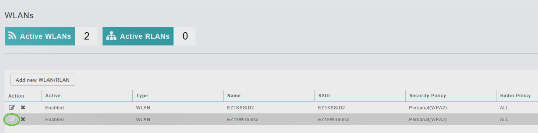 Click Add to add a new WLAN or click edit icon to edit an existing WLAN. In this example, the edit icon is selected. 