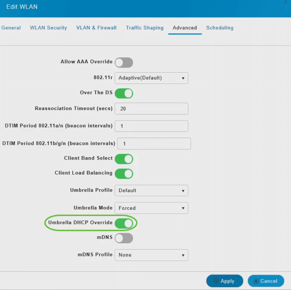 Optionally, use the Umbrella DHCP Override toggle button to enable the Cisco Umbrella DHCP override.