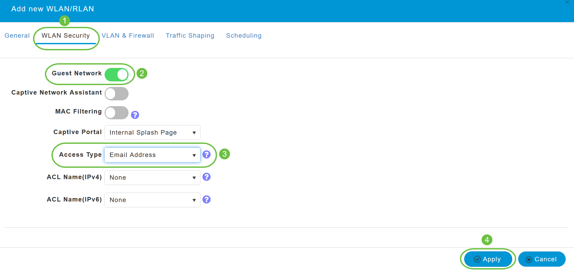 Navigate to WLAN Security tab and enable Guest Network. From the Access Type drop-down menu, choose Email Address. Click Apply.