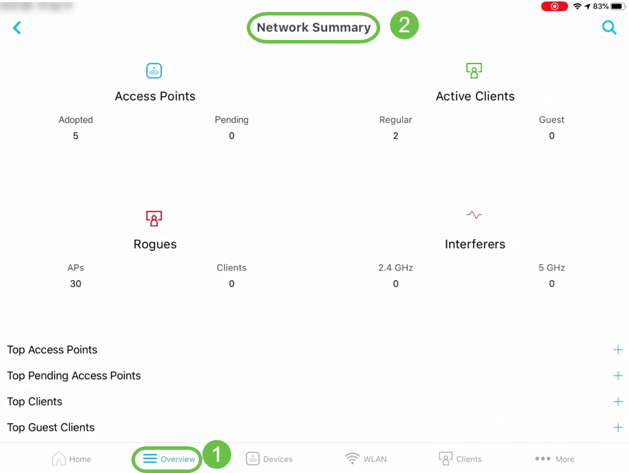 Network Summary option under Overview tab allows you to view the details about Access Points, Active Clients, Rogues and Interferers. 