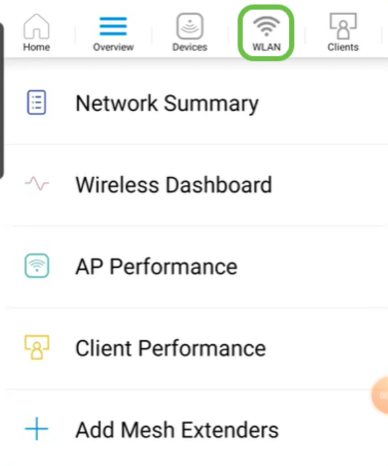 Connect to your Cisco Business wireless network on your mobile device. Log into the application. Click on the WLAN icon on the top of the page.