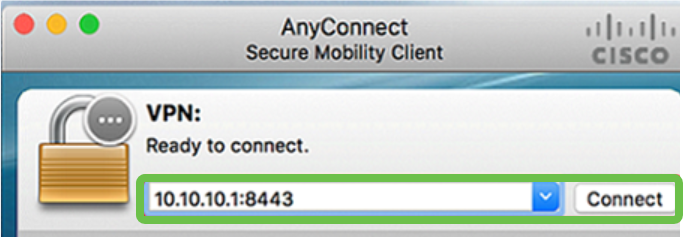 In the AnyConnect Secure Mobility Client window, enter the gateway IP address and the gateway port number separated by a colon (:), and then click Connect.