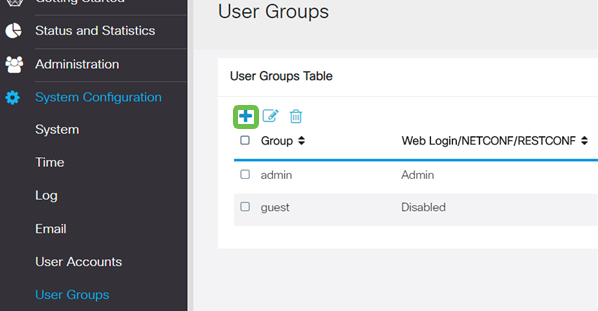 User Groups section, the Plus icon is highlighted for user click.