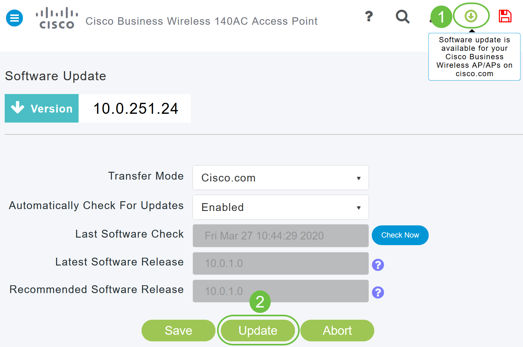 The Software Update Alert icon at the top right corner of the GUI will be Green in color (or Grey). Clicking the icon will bring you to the Software Update page. The Update button at the bottom of the Software Update page is enabled. 