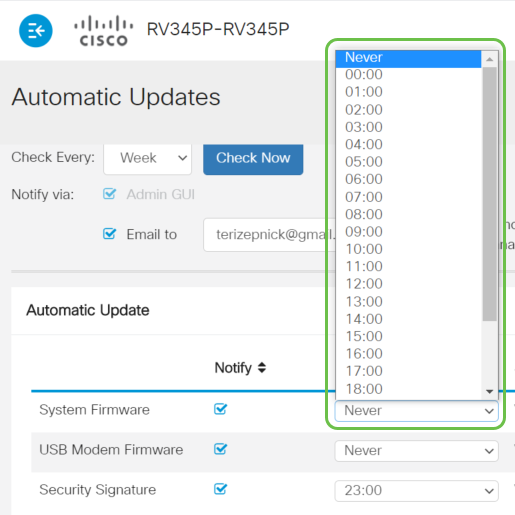 From the Update drop-down list, choose a time of the day you want the automatic update to be done. Some options may vary according to the type of update you have chosen. Security Signature is the only option to have an immediate update option.