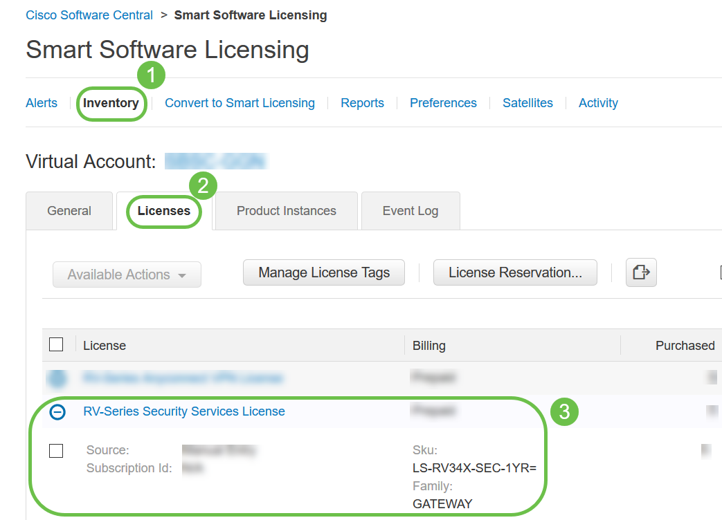 Navigate to Inventory > Licenses and verify that the RV-Series Security Services License is listed on your Smart Account. If you do not see the license listed, contact your Cisco partner.