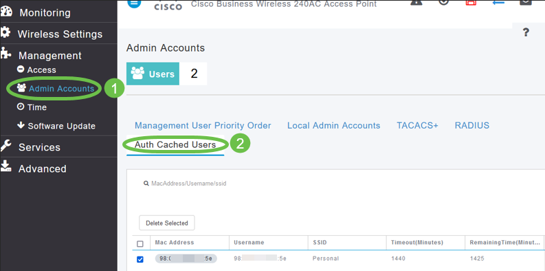 If you have configured authentication caching, you will be able to see the devices that have joined the WLAN by going to the Auth Cached Users tab under Admin Accounts.