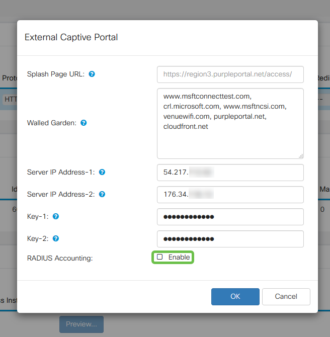 An optional parameter titled RADIUS accounting is highlighted for toggling.