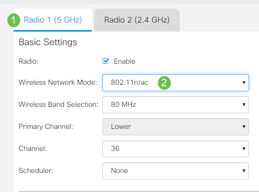 Keep on the Radio page under Radio 1 (5 GHz). Set Wireless Network Mode to 802.11n/ac. 