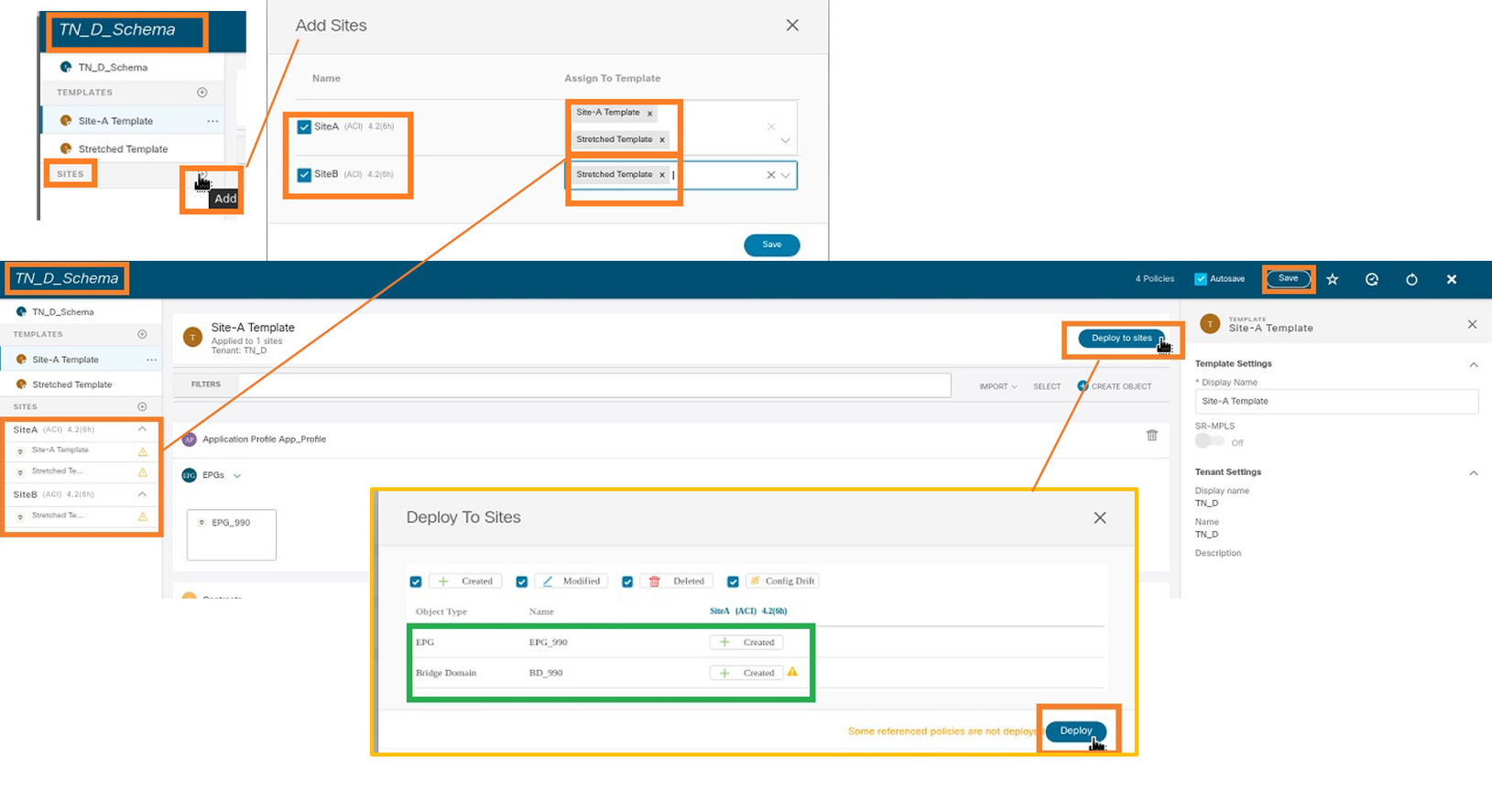 Configure Intersite L3out With ACI Multi-Site Fabrics - Add Sites to a Template